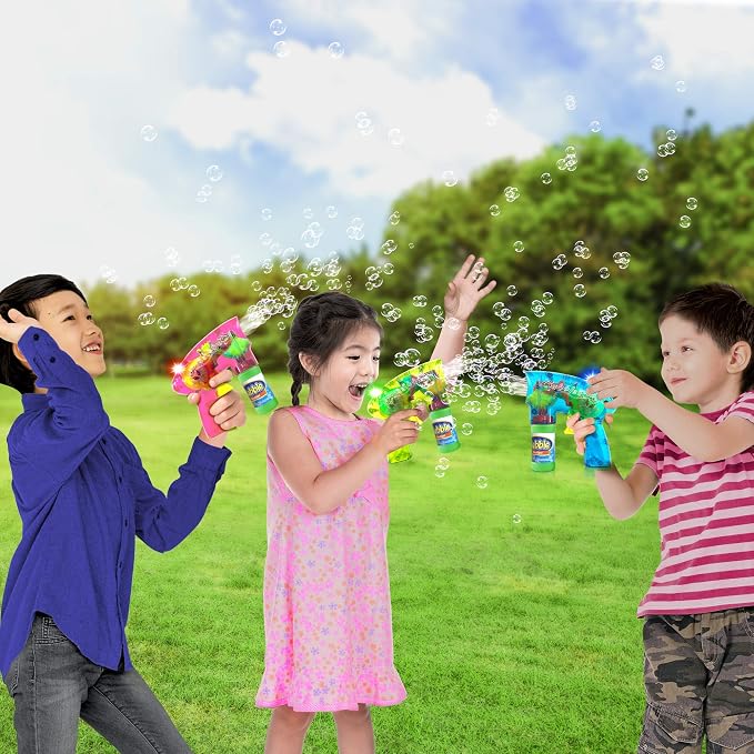 ArtCreativity 3 Pack Friction Powered Light Up Bubble Blaster Guns, Includes LED Bubbles Guns and 6 Bottles Fluid, Outdoor, Indoor Fun Gift Idea, Summer Party Favors (No Batteries Needed)
