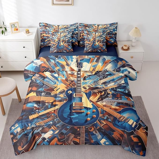 Feelyou Guitar Comforter Set with Sheets King Size Rock Music Bed in a Bag for Boys Girls Teens Navy Blue 7 Pieces Bedding Set Soft Lightweight Microfiber