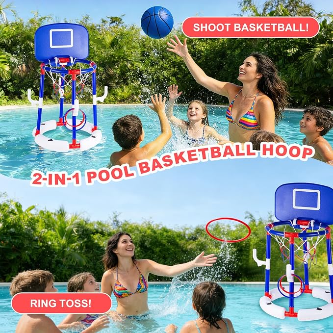 2-in-1 Floating Pool Basketball Hoop Set,Blue Swimming Pool Basketball Hoop with Backboard,4 Balls,6 Rings & Pump,Water Basketball Hoop for Pool Party Fun & Outdoor Indoor Pool Toys