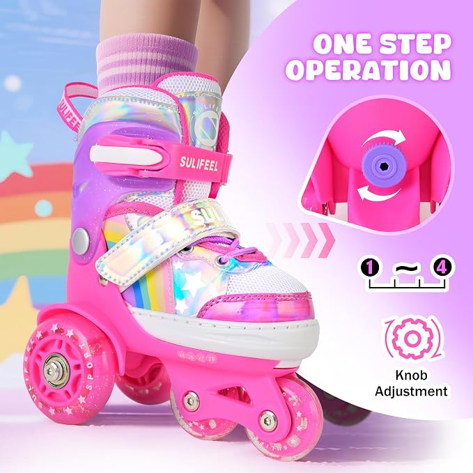 SULIFEEL Rainbow Unicorn 4 Size Adjustable Roller Skates for Girls Boys for Kids Ages 3-5 5-8 6-12 Children Skates Indoor Outdoor