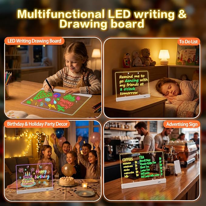 Rechargeable 16" Led Drawing Board for Kids Doodle Glow LED Note Board 7 Colors, 4 Modes, 7 Marks Light Up Pad Art Kit Kids Toy, Birthday Gift for Boys, Girls, Teens (White)