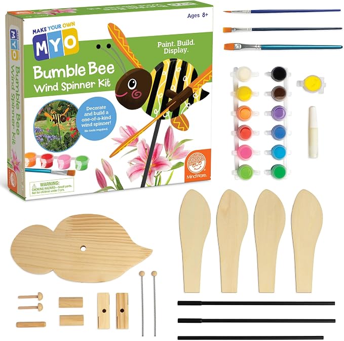 MindWare Make Your Own Bumble Bee Wind Spinner Wood Craft Kit - Build & Decorate for Ages 8 & Up