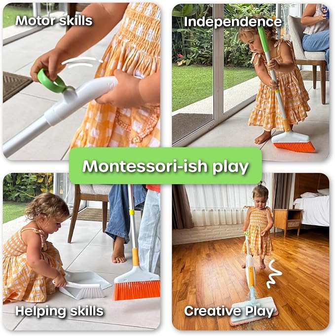Quiggly Toddler Toy Cleaning Set - Spray Mop, Broom, Dustpan, for Kids 3-5 | Plus brush, two-hand hold & pull, Montessori cleaning 4-piece tool kit