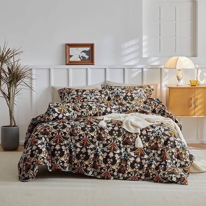 LifeTB Queen Comforter Set Vintage Paisley Floral Comforter Set with Flowers Leaves Pattern Fluffy Soft Vibrant Bohemian Floral Bedding Set Cottagecore Botanical Flowers Comforter with 2 Pillow Shams