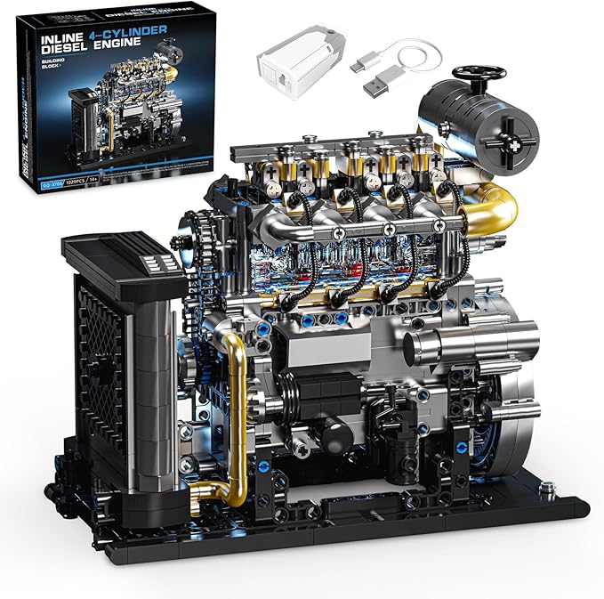 Diesel Engine Model Kit that Runs for Adults, MOC Mini Inline 4-Cylinder Diesel Engine Building Set with Motor, Compatible with Lego, Mechanical Engineering STEM Toy for Teens (1029 PCS)