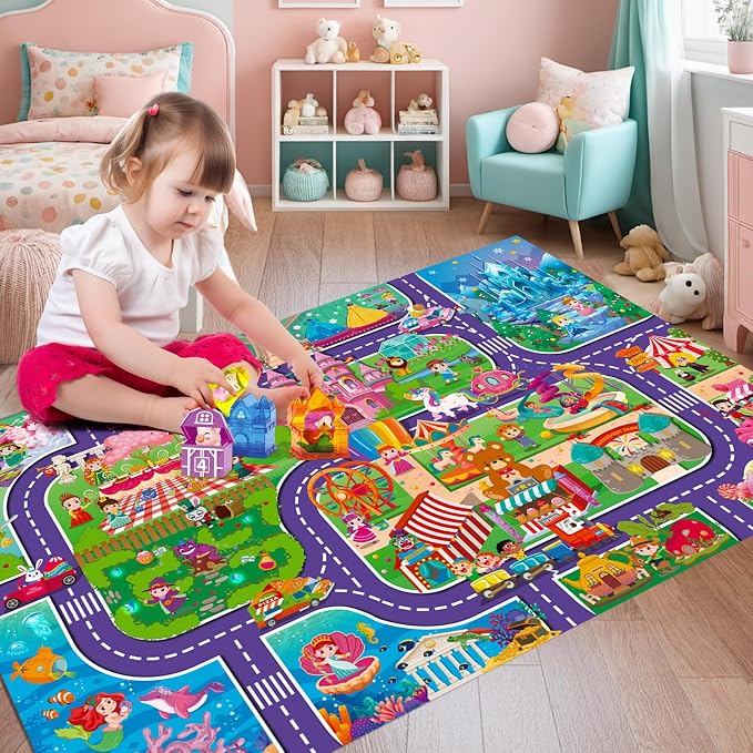 Oriate Kids Dream Mat Girls Toy Car Playmat, Princess Castle Girl Pink Kids Play mat, Parent-Kid Interaction Pretend Game for Playroom Bedroom Floor, Ideal Girl Toys Play and Learn