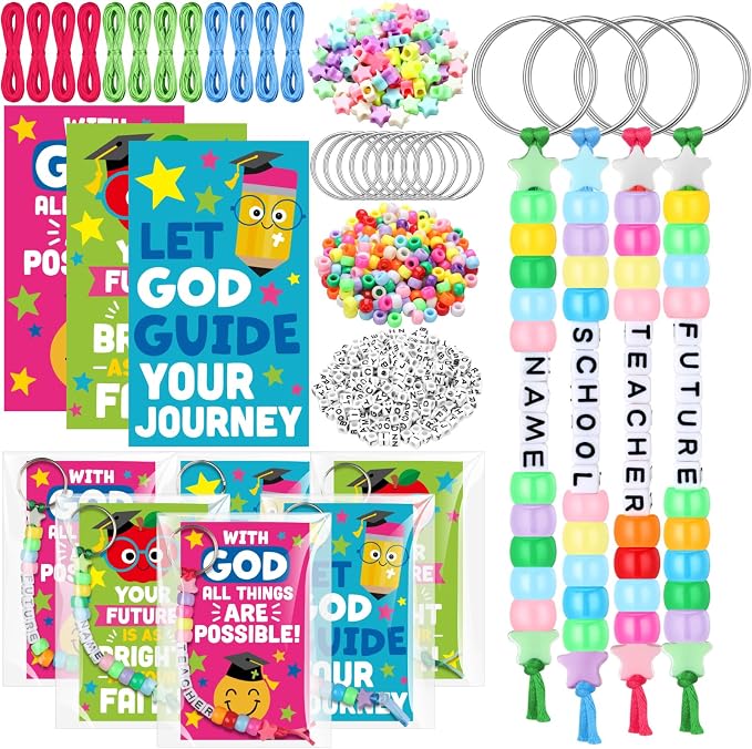 Suncalla 984 Pcs 24 Set Religious Graduation Keychain Craft Kit DIY Christian Congrats Grad End of Year Gift Keychain Making Kit Adjustable Bead Letter Beads Cards String for Blessings Party Supply