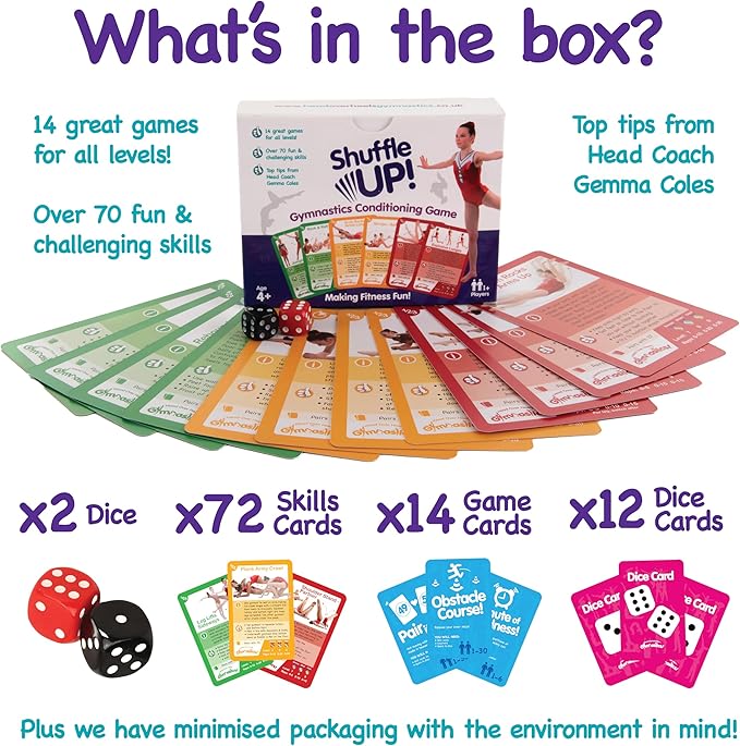 Shuffle Up Gymnastics Card Games - 70+ Fun & Active Skills Cards for Kids, Fitness Cards Develop Fundamentals, Stamina & Strength, Easy to Play for Kids | Multiple Skills Level Card Include 2 Dices