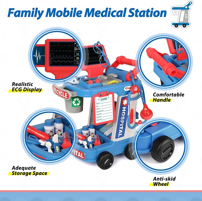 Liberry Doctor Kit for Toddlers Ages 3 4 5, Pretend Kids Doctor Playset with Cart, Costume and Stethoscope, Role Play Medical Toys Birthday Gift for Girls Boys (Blue)