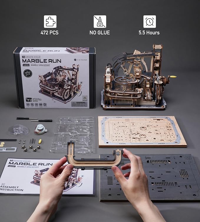 ROBOTIME Motorized Wooden Puzzles for Adults - 3D Puzzles for Adults LGC01 Marble Spaceport - Wooden Marble Run Model to Build - Space/STEM/Engineering Gift