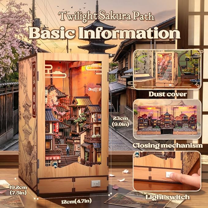 CUTEBEE Book Nook Kit - DIY Miniature House Japanese Street Diorama, Fold-Out Dollhouse Booknook for Adults, Tiny House Bookshelf Decor 3D Wooden Puzzle Gifts (Twilight Sakura Path)