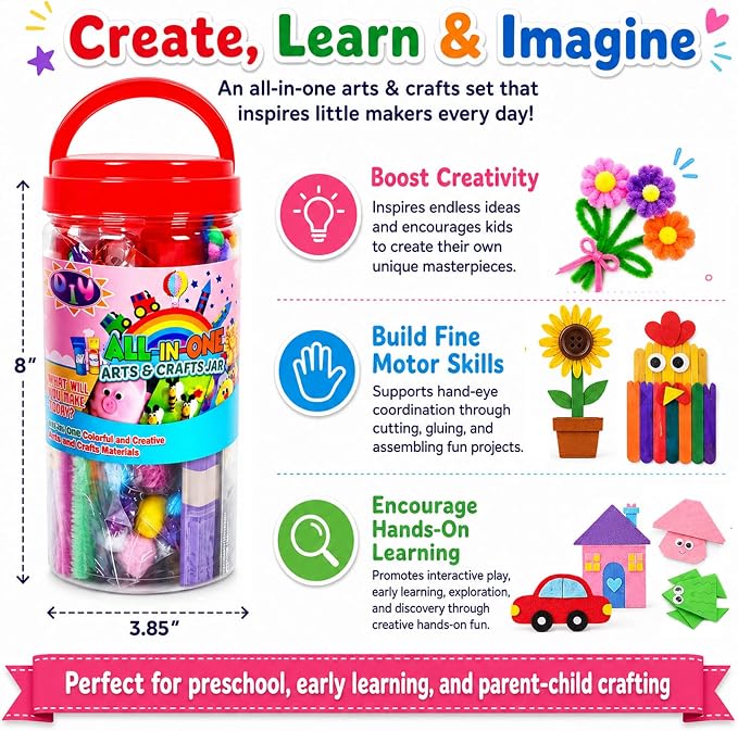 FUNZBO Arts and Crafts Supplies for Kids - Toddlers Craft Kit with Glitter Glue Stick, Pipe Cleaners, Pom Poms, Popsicle Sticks Tools, DIY School Supplies Kit, Birathday Gifts for Girls Boys Age 4+