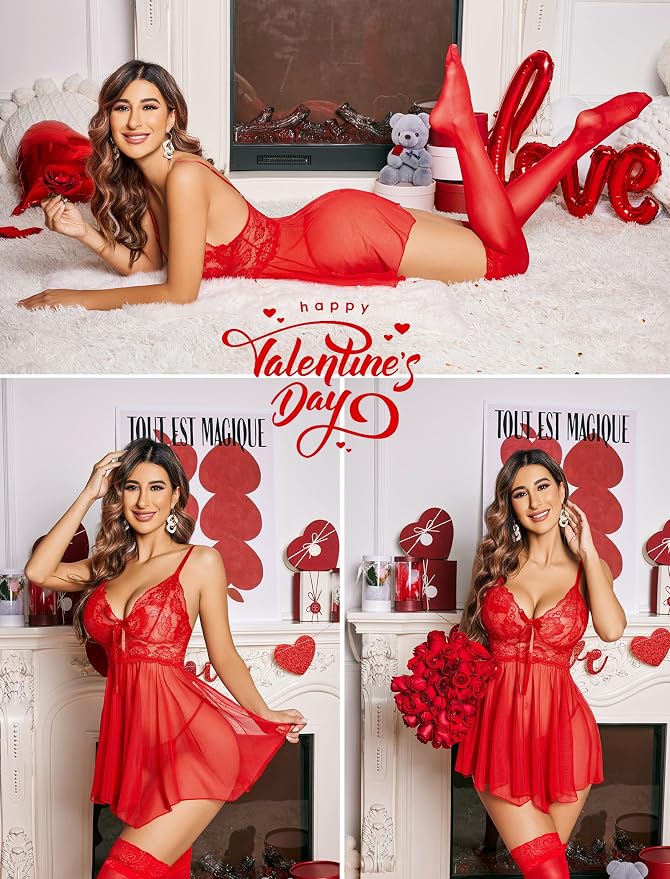 Avidlove Women Lingerie Lace Babydoll Mesh Nightgown Chemise Boudoir Nighty Sleepwear