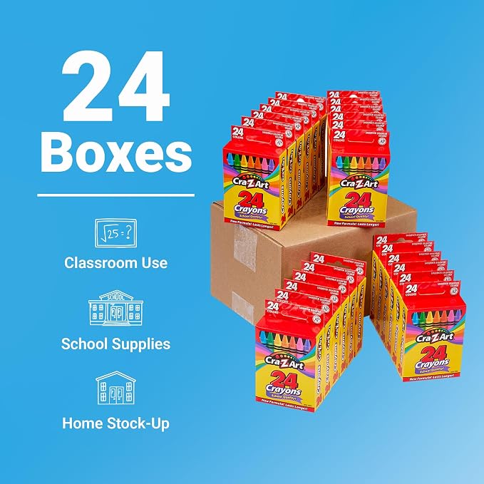 Cra-Z-Art Crayons, Bulk Pack, 24 Count, 24 Packs of Crayons, Bulk School Supplies for Classroom, Back to School Essentials