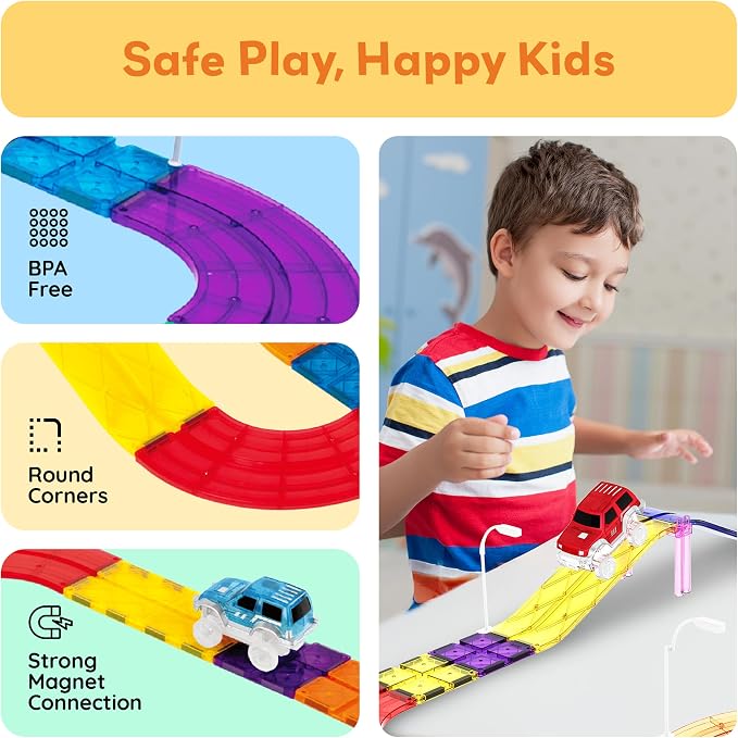 PicassoTiles 45pc Magnetic Tiles Race Track Set With 2 Racing Cars Plus Traffic Accessory Kit STEM Educational Learning Construction Building Magnet Tile Toy For Toddlers Boys Girls Kids Age 3+ PTR451