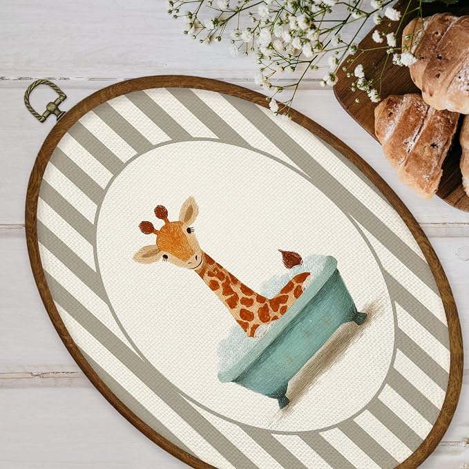 WULQYING Funny Giraffe Kids Bathroom Wall Art Decor, Kids Oval Framed Canvas Art Prints, Whimsical Neutral Striped Giraffe in Bathtub Wall Hanging Decor for Kids Bathroom Washroom, 8.5x11.4 Inches