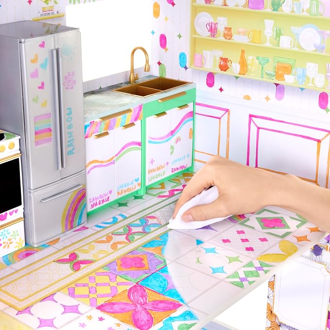 Rainbow High Color & Play 3-Story Doll House, Design All Walls & Floors with Washable Markers, Wood Playset Includes Toy Furniture and Accessories, Gift for Kids 4+
