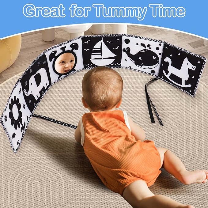 Black and White High Contrast Toys for Baby 0-3 3-6 months Infant Tummy Time Soft Book Sensory Musical Toy 0-2-4-6 month Babies Brain Development Crinkle Book Mirror Newborn Shower Gifts Boys Girls