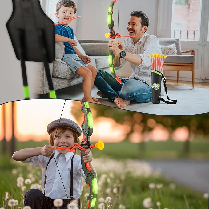 Bow and Arrow Set for Kids, 2 Pack LED Light Up Archery Set with 20 Suction Cup Arrows, Indoor and Outdoor Toy for Boys Girls Age 4-8 8-12 with Standing Target&2 Quivers, Birthday Gift 3-12 Years Old