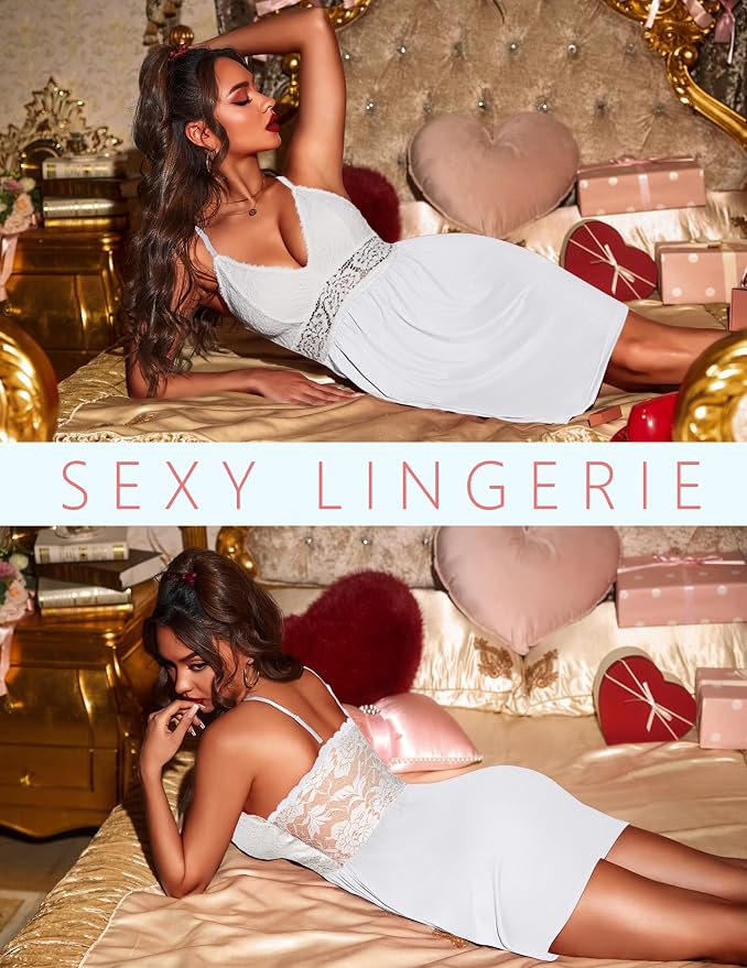 Ekouaer Lingerie for Women Sexy Nightgown Lace Trim Sleep Dress Chemise Nightgowns Sleeveless Night Gown Sleepwear S-3XL