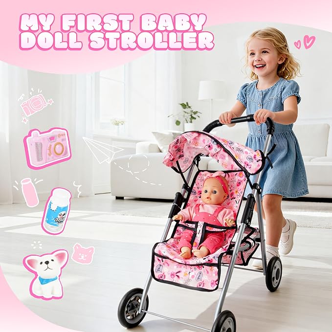 SMILESSKIDDO Baby Doll with Stroller PlaySet - 12 Inch Soft Body Dolls and Accessories Dining Chair, Doll Clothes, Feeding Set for Realistic Pretent Play, Babydoll Care Gift for Toddler Girls 2 3 4 5