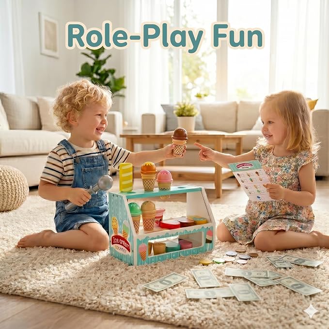 WHOHOLL Wooden Ice Cream Counter Playset for Toddler Girl Toys, Play Store Pretend Toy Food Play Kitchen Accessories with Fake Money & Coin, Christmas Birthday Gifts for 3+ Year Old Kids (Green)