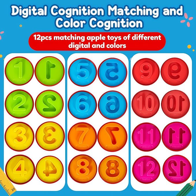 Apple Toy,Montessori Educational Learning Number Matching & Color Sorting Toys for Toddlers 1-3,Fine Motor Shape Puzzle Toddler Activities Easter Basket Stuffers Gift for Boys Girls