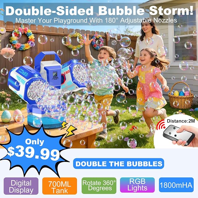 Rechargeable Bubble Machine with Remote Control: 30,000 Bubbles/Min, Type-C, Auto 360° Rotation Bubble Blower with RGB Lights - Creates Magic for Kids Parties, Birthday, Weddings, Outdoor Events