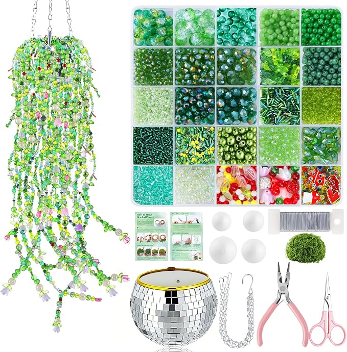 5057 Pcs Beaded Plant Kit Forever Plant Kit for Mirror Disco Ball Planter Making,Green Beads for Beaded Plants with Hanging Chain,Green Glass Leaf Beads Forever Plant Beads for Plant Making DIY Craft