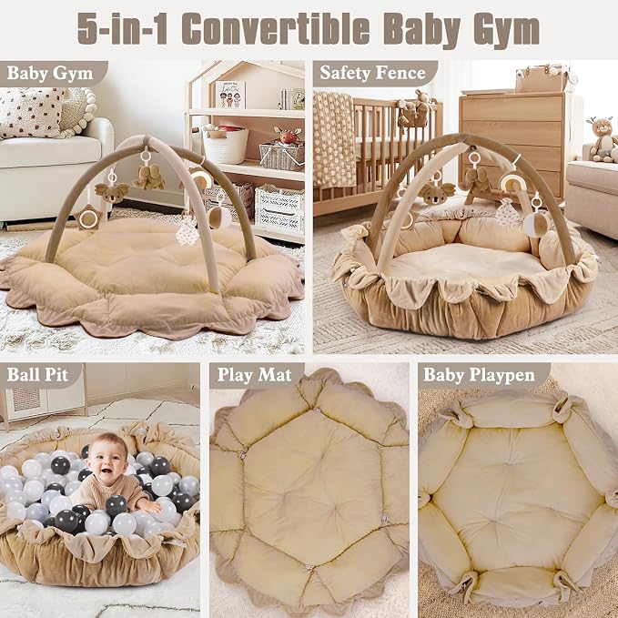 5-in-1 Plush Baby Play Gym, Activity Mat with Convertible Gym, Baby Gym 6 Sensory Toys, Play Center for Newborn to Toddler, Brown
