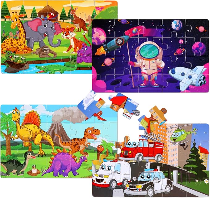 Wooden Puzzles Toys for Kids Ages 3-5, Set of 4 Packs Dinosaur, Space, Transportation Wood Toddler Puzzles, Preschool Brain Teaser Toys for Boys and Girls 3 4 5 6 Years Old