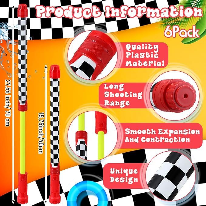 Halloscume 6 Pcs Race Car Party Favors for Kids Water Guns Bulk 15.75" Black and White Checkered Water Squirters Blaster Shooters for Adult Summer Swimming Pool Beach Birthday Gifts Supplies