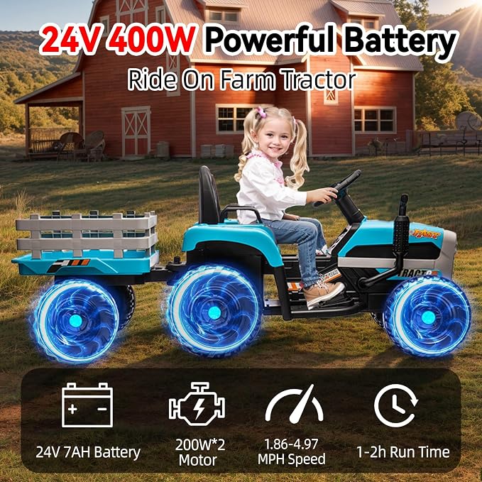 24V Ride on Tractor with Trailer, 400W Electric Car for Kids, Toddler Ride On Toy W/Remote Control, 3 Speed Adjustable, MP3, Bluetooth, LED Light, Blue