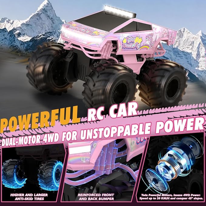 Remote Control Car, Unicorn Amphibious RC Cars for Girls Boys, 2.4GHz Waterproof Monster Truck All Terrain Off-Road Vehicle, 360° Flips RC Crawler with 2 Batteries, Toys Gifts for Age 6 7 8 9 10+