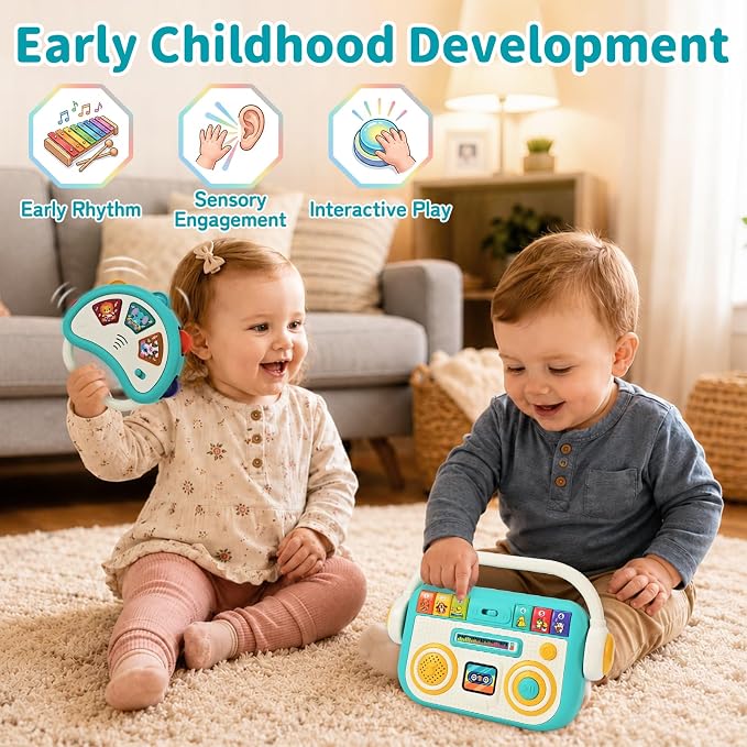 Baby Musical Toys for Toddlers 1-3, Baby Music Player & Light Up Tambourine Set 12M+, Educational Gift for Boys Girls