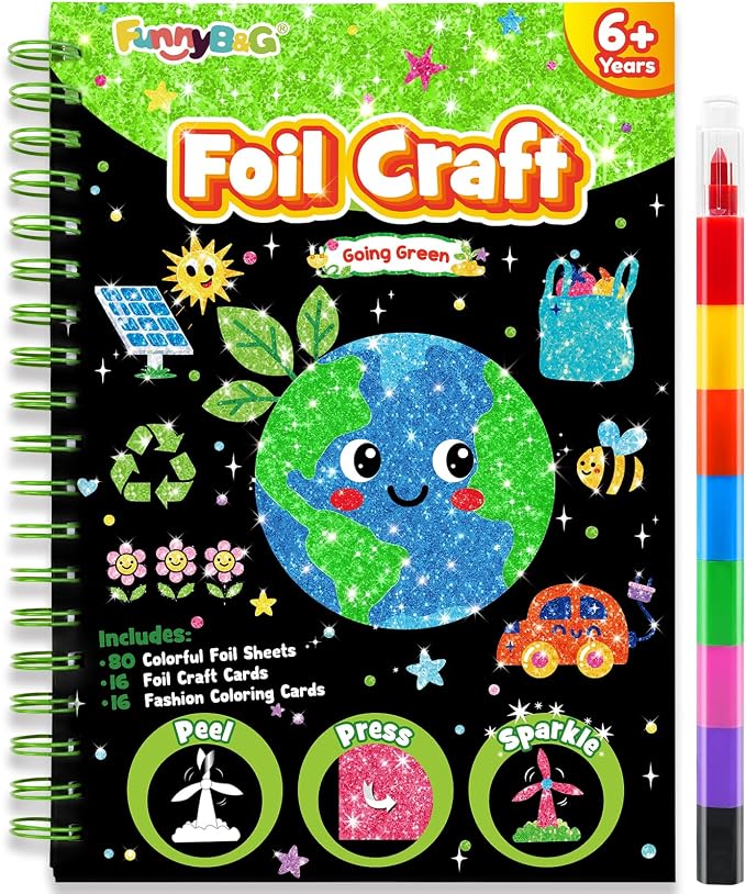 FUNNYB&G Foil Art Craft Kit for Kids 4-10 Years Old: Mess-Free & No-Glue, Create 16 Sparkly Going Green Pictures – Perfect Travel Toy & Birthday Gift for Kids (Going Green)