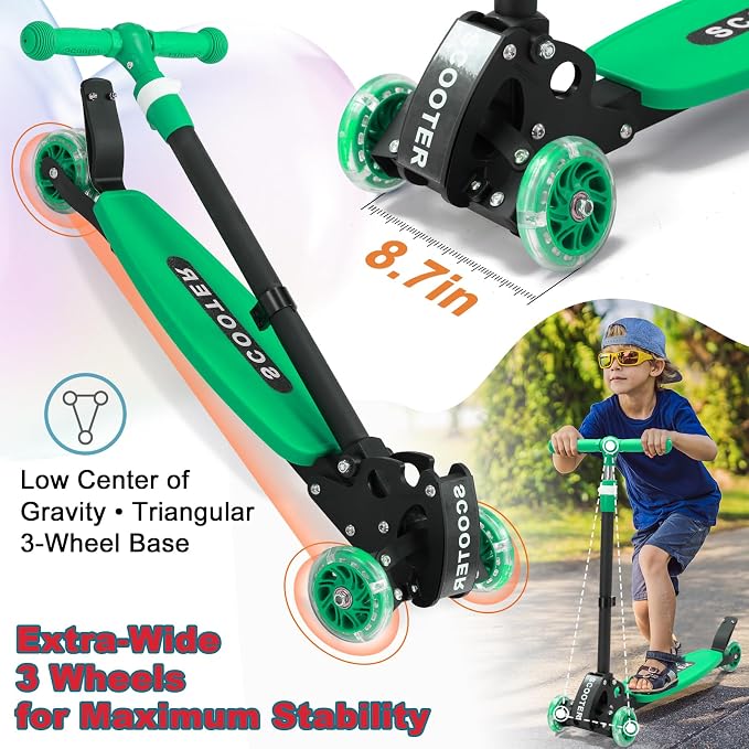 Kick Scooter for Kids Ages 6-12, Stable 3 Wheel Kids Scooter with LED Light-Up Wheels, 3 Adjustable Heights, Lean-to-Steer, Foldable, 6" Extra Wide Deck for Boys and Girls Gifts
