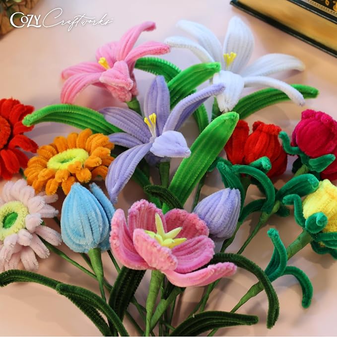 WeVeel Cozy Craftworks Chenille Stem Flower Craft Kit for Adults – CC 4 Flowers Bundle – Relaxing DIY Arts & Crafts Kit with All Supplies