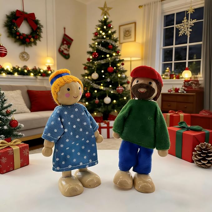 HYSTYLE 7 Pack Wooden Dollhouse Family Dolls Pretend Play Figures, Family Role Play Pretend Play People Figures