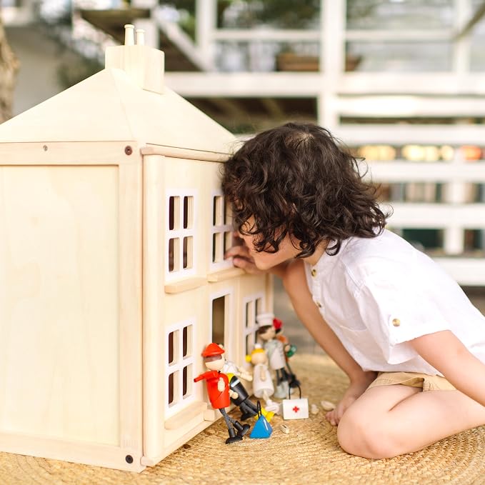 PlanToys® Wooden Georgian Dollhouse | 2-Storey House with Opening Door & Front Panels, Chimney & Staircases | Montessori Pretend Play House Compatible with 1:12 Scale Furniture & Wooden Dolls