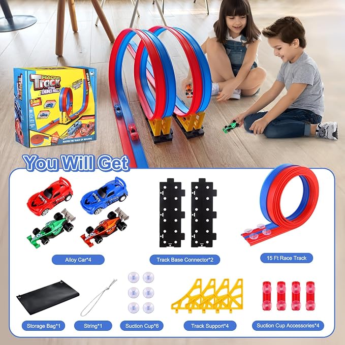 Flexible Race Car Track for Kids: 15 Ft DIY Bendable Ramp Set with Suction Cups for Wall & Window Play - Portable Roll-Up Toy Tracks, Compatible with 1:64 Diecast Cars, Gifts for Boys Girls Ages 3-8