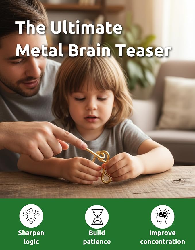 4-in-1 Gold Omega Puzzle Set Heavy Duty Wire Brain Teasers, Unique IQ Puzzle Games for Problem Solving, Stress Relief, Focus Training and Entertainment
