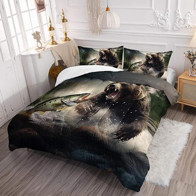 AILONEN Roaring Bear Bedding Set Twin Comforter Set, Fish and Brown Animal Bear Comforter Set,Woodland Forest Wildlife Fishing Bedding Set 3 Pieces Boys Girls Bed in A Bag,1 Quilt and 2 Pillowcases