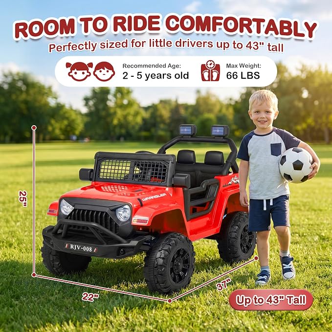12V 7AH Kids Ride-On Truck Car, Electric Car with Parent Remote Control, Spring Suspension, LED Lights, Bluetooth, Music, Bright Red