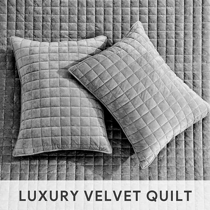 RECYCO Luxury Velvet Quilt Twin/Twin XL Size Bedding Set, Ultra Soft Velvet Comforter Set, Lightweight Quilted Channel Box Stitch Oversized Bedspread Coverlet for All Season, w/ 1 Sham, Charcoal Gray