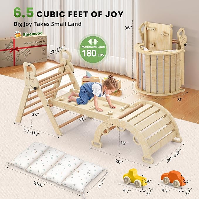 BlueWood Pikler Triangle Set with Cushion - Climbing Toys for Toddlers 9-in-1, Montessori Philosophy Play Jungle Gym with Arch, Ramp, Ladder (Natural Color)