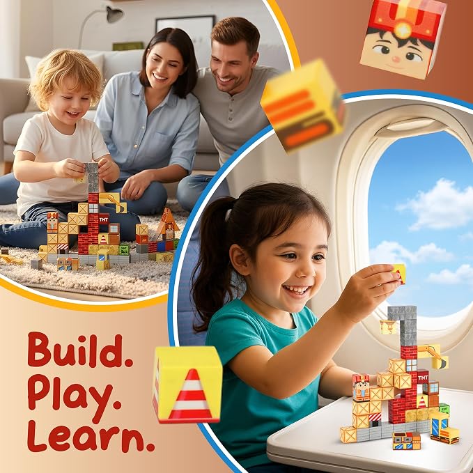 49PCS Mini Magnetic Blocks Construction Theme Travel Set for Kids Ages 3-8, STEM Magnetic Building Cubes Toy with Iron Storage Box, Portable Educational Sensory Toy for Boys Girls