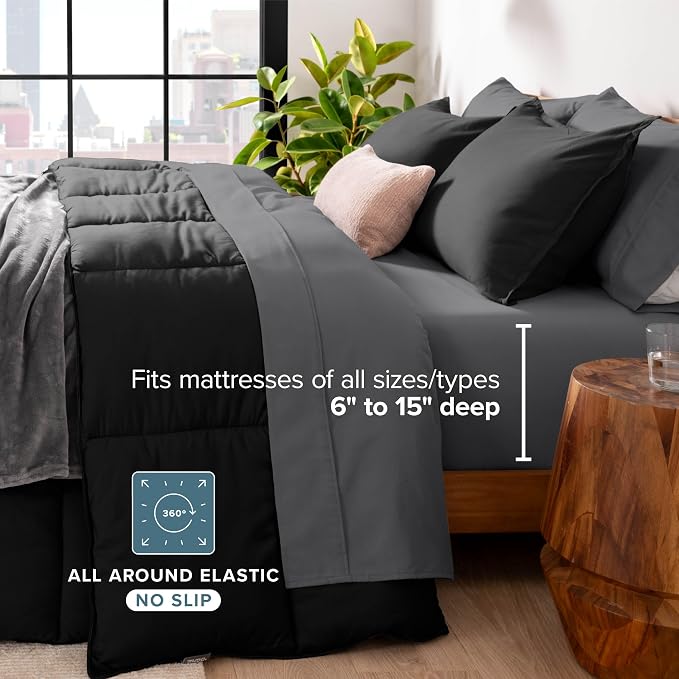 Bare Home Bed-in-A-Bag 5 Piece Comforter & Sheet Set - Twin XL - Goose Down Alternative - Ultra-Soft 1800 Premium Bedding Set (Twin XL, Black/Grey)