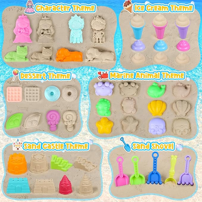 KUBUSFLY Beach Toys for Toddlers, Sand Castle Toys with 4 Beach Bucket and Shovels, Ice Cream Travel Sand Toys for Sandbox & Mesh Bag, Essentials Toy for Toddlers Kids Baby Boys Girls Age 3-10