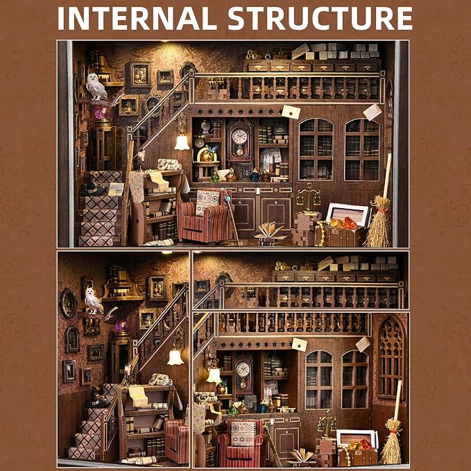 Book Nook Kit-3D Wooden Puzzle with LED Touch Control & Wall-Mountable Frame,DIY Miniature House for Beginners,Bookshelf/Tabletop/Wall Decor for Craft Lovers,Dollhouse Gift,Secret Attic